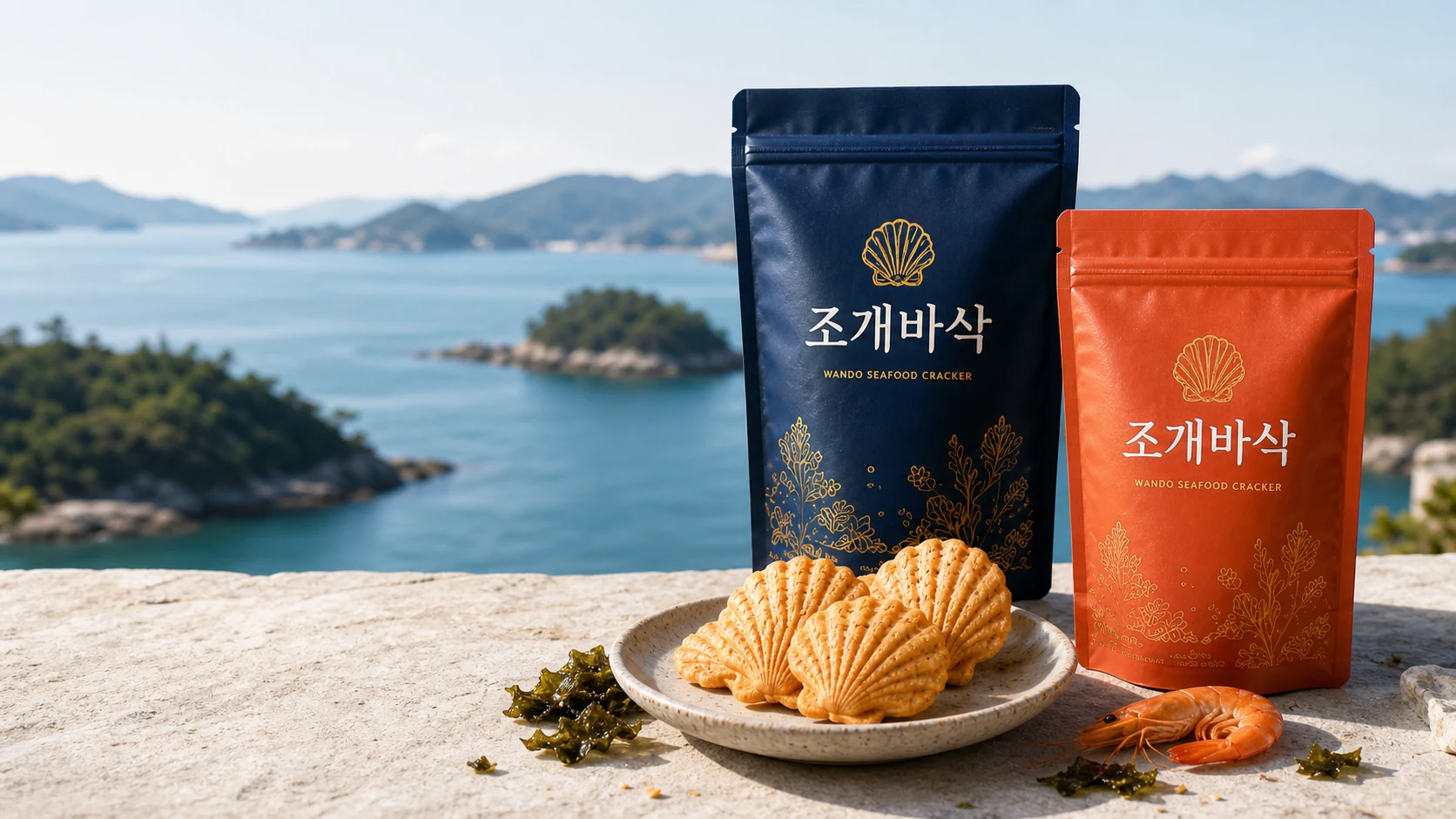 완도 바다를 배경으로 놓인 조개바삭 네이비와 코랄 패키지, 조개 모양 크래커